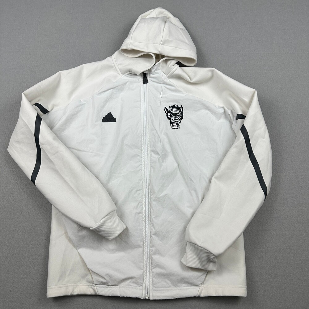 NC State Wolfpack Jacket Men Medium Beige Adidas Zip WIndbreaker Basketball Hood
